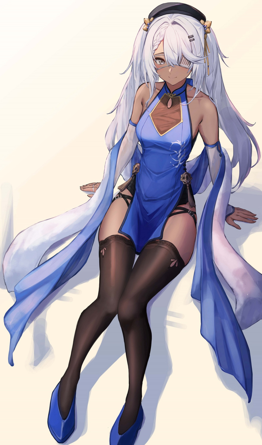 1girl 3_small_spiders bare_shoulders blue_dress china_dress chinese_clothes collarbone commentary_request dark-skinned_female dark_skin detached_sleeves dress eyepatch full_body girls'_frontline grey_eyes hair_ornament hat highres hs.50_(girls'_frontline) hs.50_(sigh_of_the_waterfront_pine)_(girls'_frontline) long_hair looking_at_viewer official_alternate_costume simple_background sitting smile solo thighhighs white_hair