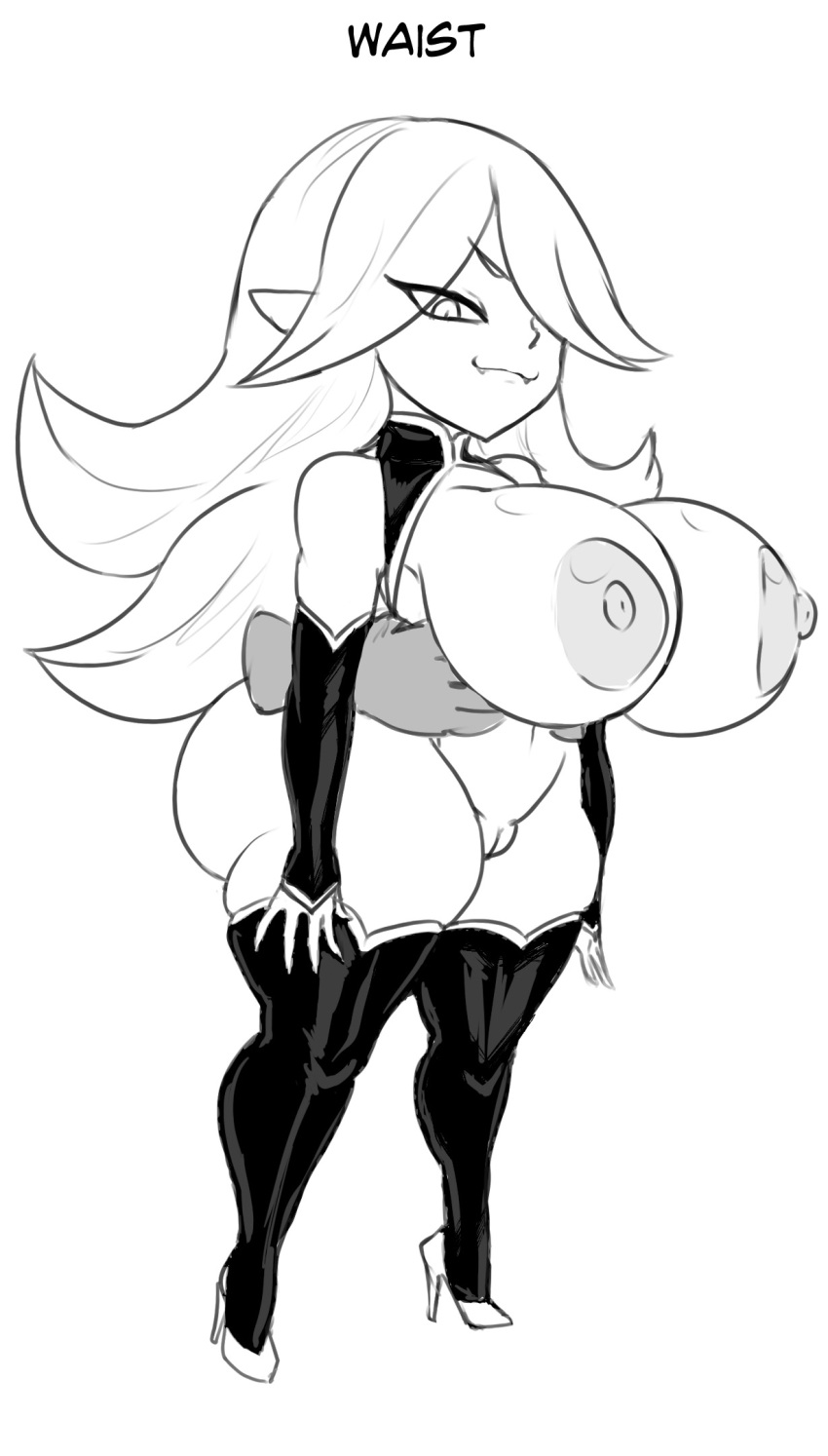 big_breasts breasts clothing dart_(thecon) female footwear genitals goblin hair hair_over_eye hi_res high_heels humanoid legwear monochrome not_furry one_eye_obstructed pussy short_stack thecon thick_thighs thigh_highs