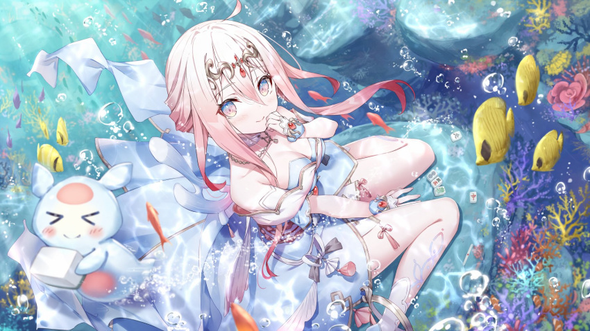 1girl air_bubble bare_shoulders blush breasts bubble character_request check_character cleavage coral dress fish from_above gabiran hair_between_eyes hand_to_own_mouth highres long_hair looking_at_viewer medium_breasts original pink_eyes pink_hair ryugahama_ryuu sitting smile solo submerged tiara tropical_fish underwater virtual_youtuber wariza white_dress