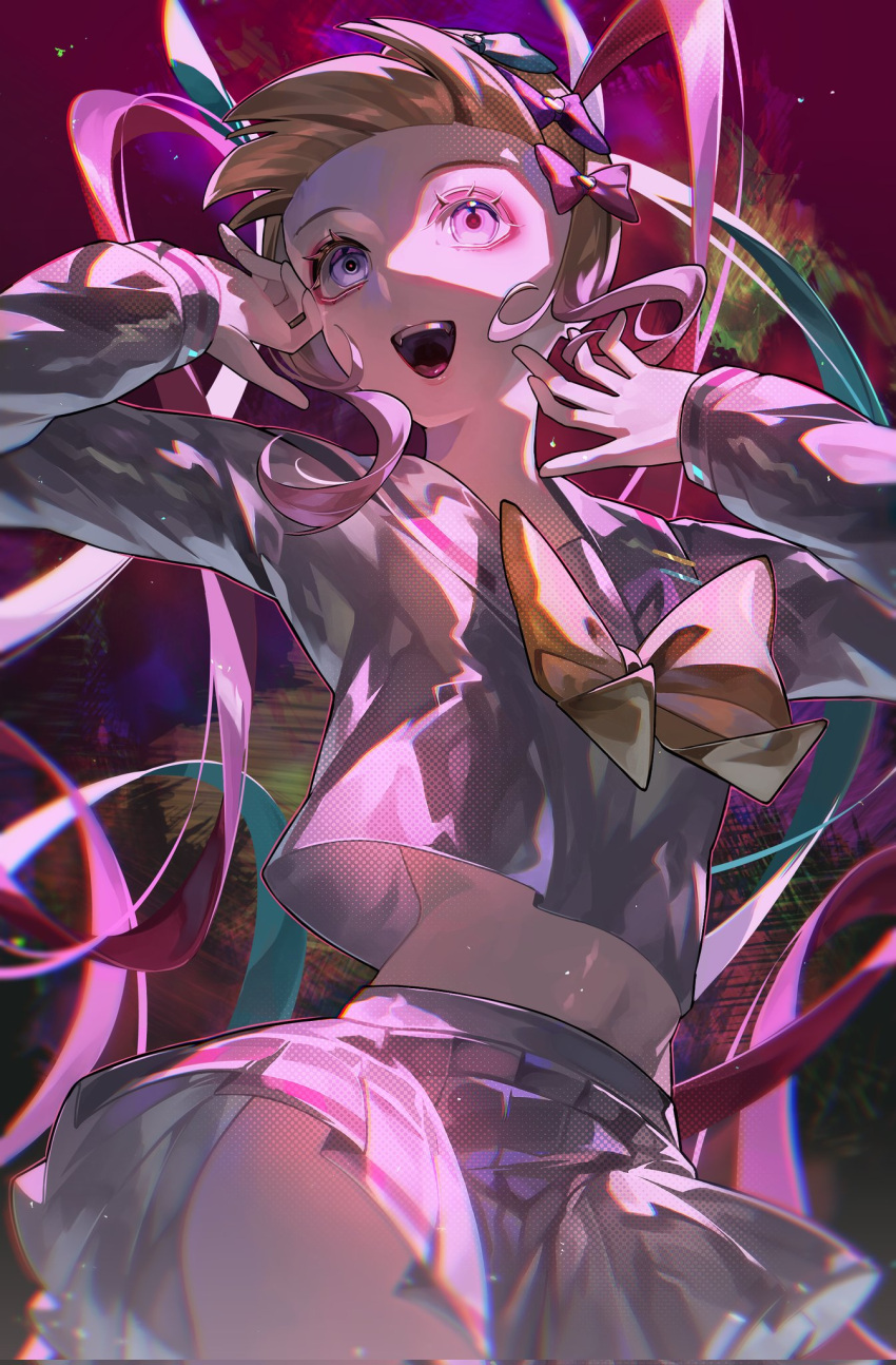 1girl :d blonde_hair blue_bow blue_eyes blue_hair bow chouzetsusaikawa_tenshi-chan hair_bow highres hiro_(yoshi_chan) long_hair long_sleeves looking_up midriff multicolored_hair needy_girl_overdose open_mouth pink_bow pink_hair pleated_skirt purple_bow quad_tails sailor_collar school_uniform serafuku skirt smile solo twintails very_long_hair yellow_bow