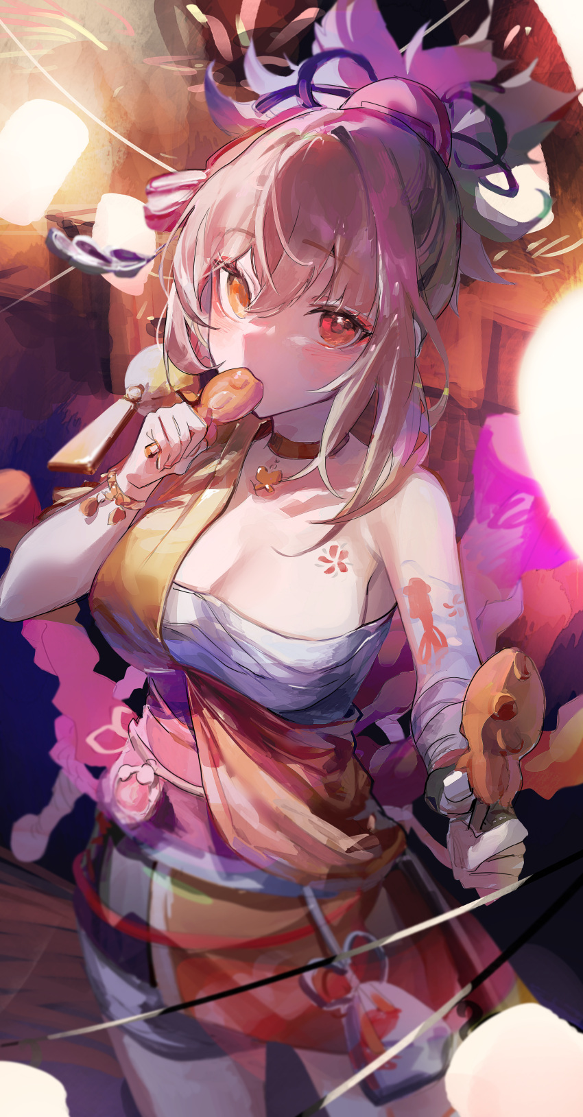 1girl absurdres arm_tattoo bandaged_arm bandaged_leg bandages bracelet breasts butterfly_choker chest_sarashi chest_tattoo choker cleavage cocoballking crossed_bangs eating fingerless_gloves fish_tattoo flower_tattoo food genshin_impact gloves hadanugi_dousa hair_between_eyes highres holding holding_food japanese_clothes jewelry kimono looking_at_viewer medium_breasts obi obiage obijime orange_eyes orange_kimono red_choker rope sarashi sash shimenawa short_hair sidelocks single_fingerless_glove solo tattoo topknot vision_(genshin_impact) yoimiya_(genshin_impact)