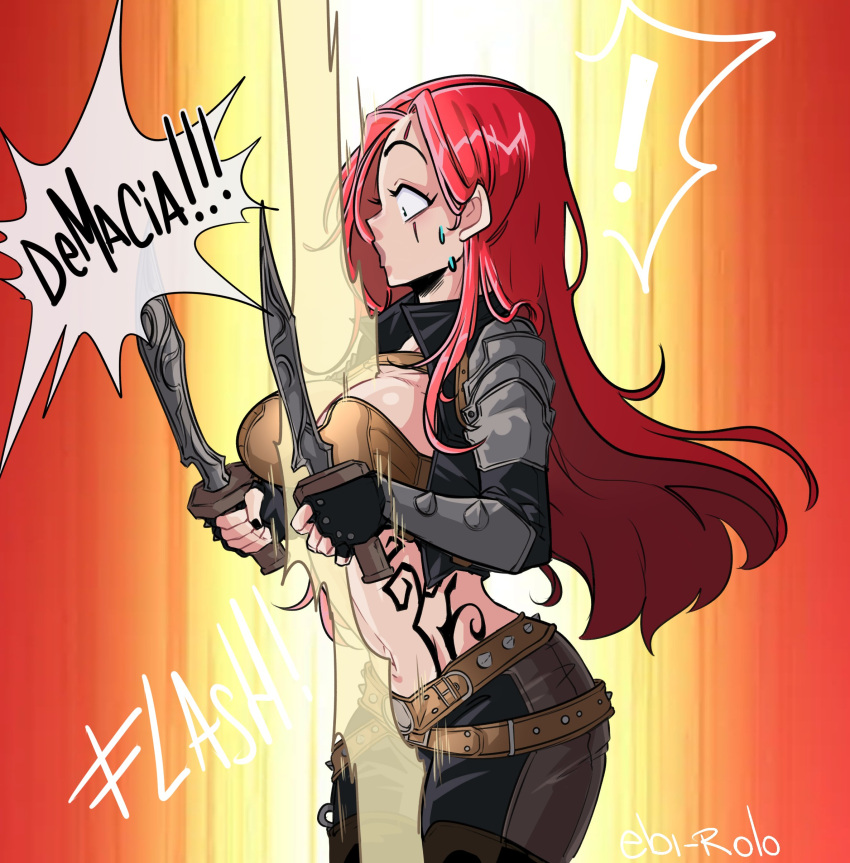 1girl absurdres artist_name belt black_gloves black_pants breasts brown_belt brown_pants cowboy_shot dual_wielding fingerless_gloves gloves highres holding holding_weapon katarina_(league_of_legends) large_breasts league_of_legends long_hair nail_polish pants red_background red_hair rolo's_art scar scar_across_eye shiny_skin solo speech_bubble stomach_tattoo surprised sweat tattoo two-tone_pants weapon yellow_background