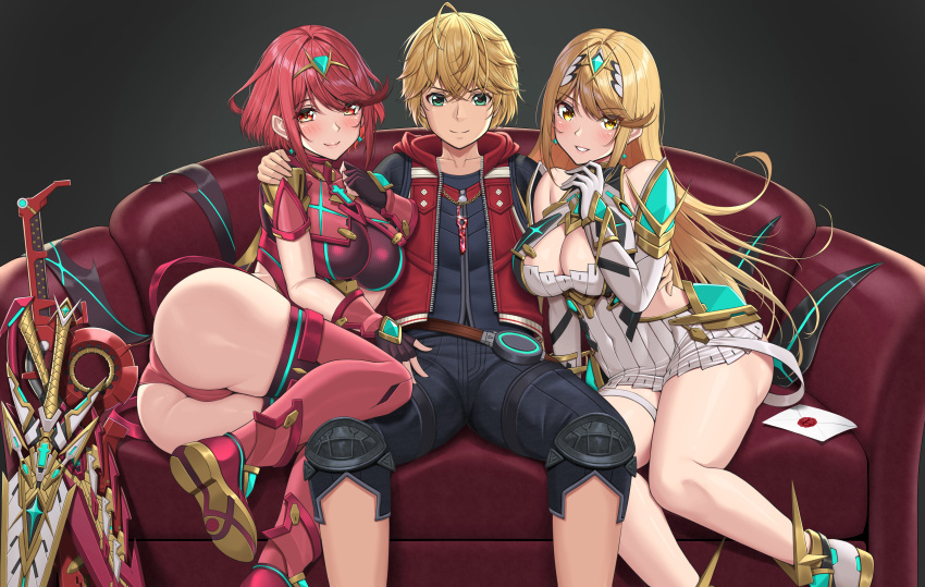 1boy 2girls absurdres aegis_sword_(xenoblade) arm_around_shoulder arm_around_waist armor bare_shoulders black_gloves black_shorts blonde_hair blue_eyes breasts chest_jewel cleavage cleavage_cutout clothing_cutout commentary_request commission core_crystal_(xenoblade) couch dark_background dress drop_earrings earrings elbow_gloves fingerless_gloves gloves highres hood hood_down hooded_vest hoodie in-franchise_crossover jewelry knee_pads large_breasts letter long_hair looking_at_viewer monado monado_rex multiple_girls mythra_(xenoblade) necklace nemunemu_semi on_couch pyra_(xenoblade) red_eyes red_footwear red_hair red_shorts red_thighhighs red_vest short_dress short_hair short_shorts shorts shoulder_armor shulk_(xenoblade) sitting skeb_commission smash_invitation smile super_smash_bros. swept_bangs thigh_strap thighhighs tiara two-tone_gloves vest white_dress white_footwear white_gloves xenoblade_chronicles:_future_connected xenoblade_chronicles_(series) xenoblade_chronicles_1 xenoblade_chronicles_2 yellow_eyes