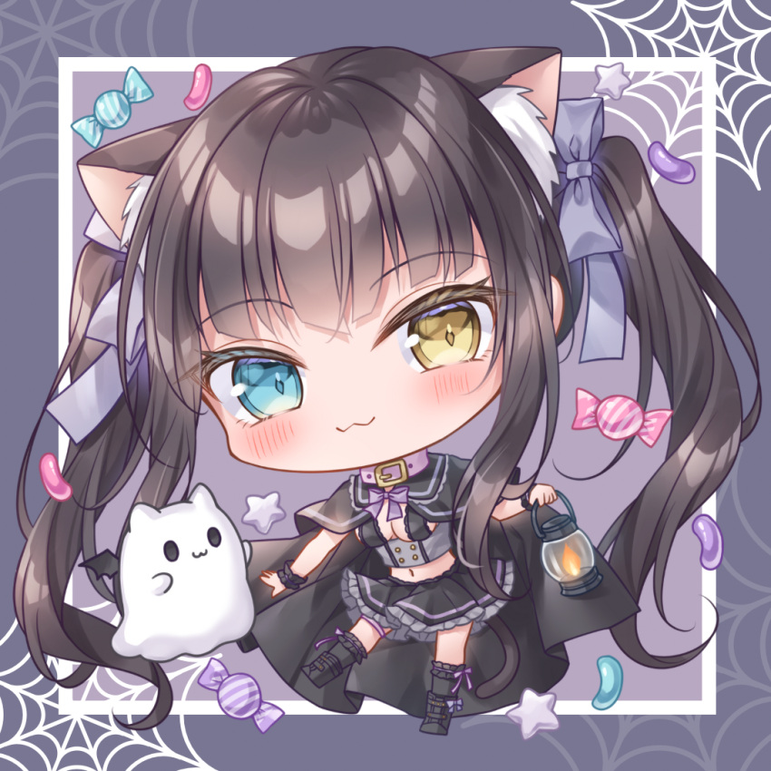 1girl :3 animal_ear_fluff animal_ears black_cloak black_footwear black_hair black_skirt black_socks blue_eyes blush breasts candy candy_wrapper cat_ears cat_girl cat_tail chibi cloak closed_mouth collar commentary_request crop_top food frilled_socks frills full_body ghost halloween holding holding_lantern jelly_bean kneehighs kohinata_hoshimi lantern long_hair looking_at_viewer medium_breasts midriff navel original pink_collar pleated_skirt silk skirt socks solo spider_web tail twintails very_long_hair wrist_cuffs yellow_eyes
