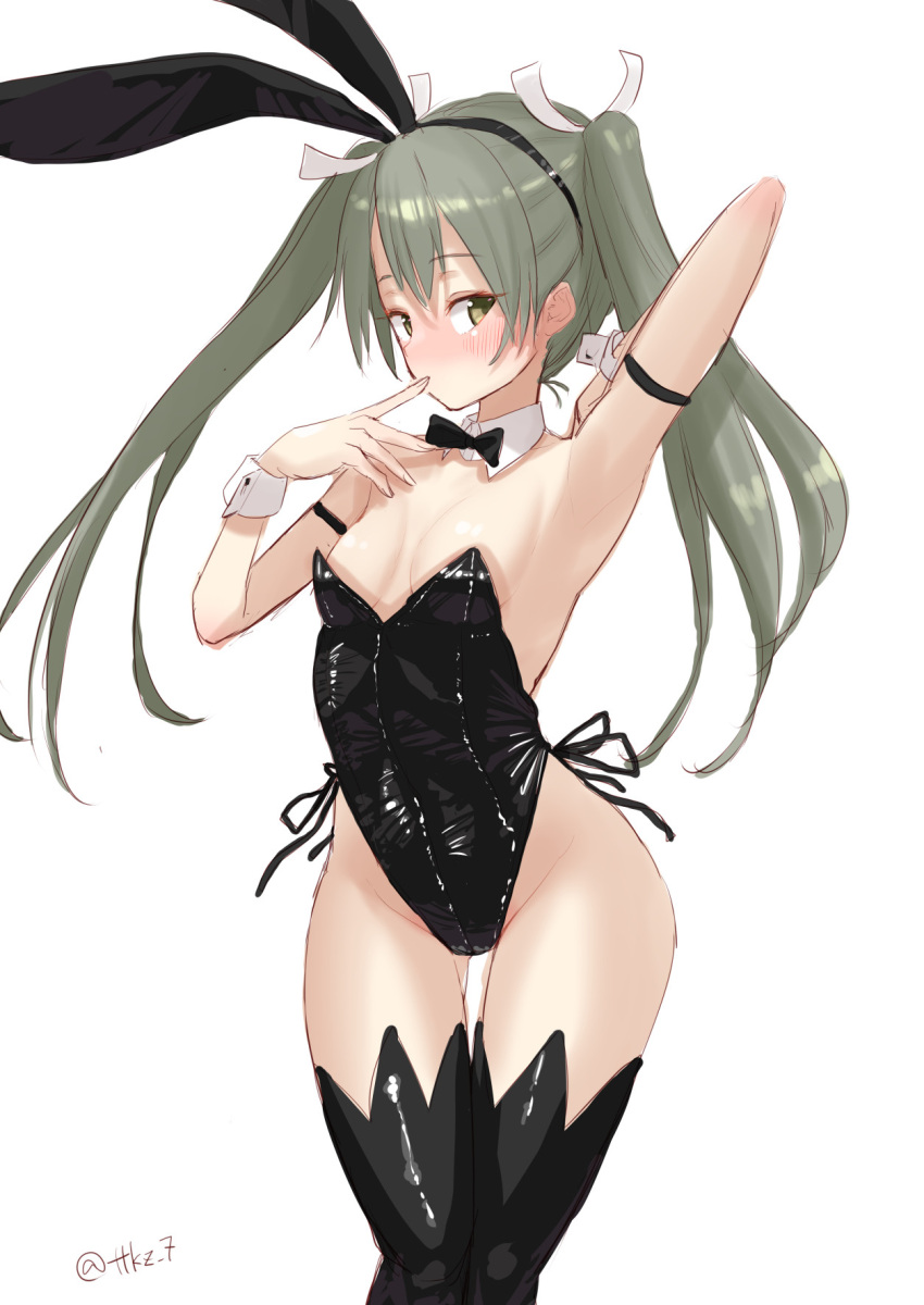 1girl alternate_costume animal_ears black_bow black_bowtie black_leotard black_thighhighs bow bowtie breasts brown_eyes cowboy_shot detached_collar finger_to_mouth grey_hair highres kantai_collection leotard long_hair one-hour_drawing_challenge playboy_bunny rabbit_ears side-tie_leotard simple_background small_breasts solo strapless strapless_leotard tetsukuzu_(yajirushi_shita) thighhighs twintails white_background wrist_cuffs zuikaku_(kancolle)