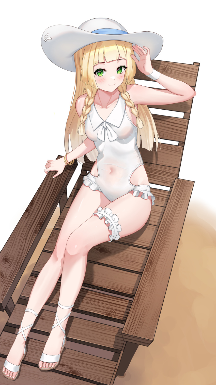 1girl absurdres alternate_costume blonde_hair blush corniecorny feet green_eyes hat highres lillie_(pokemon) md5_mismatch nail_polish one-piece_swimsuit pokemon pokemon_(game) pokemon_sm resolution_mismatch smile solo source_smaller swimsuit toes