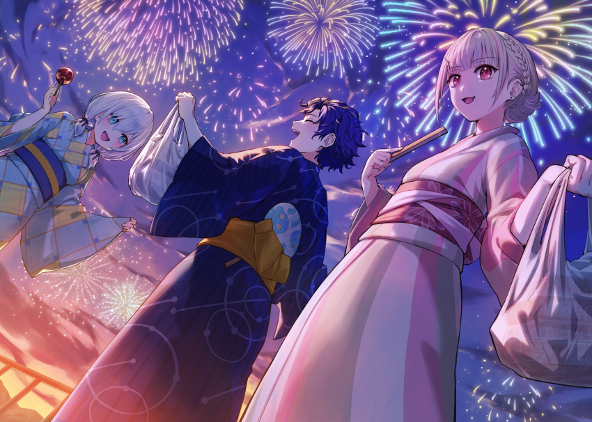 1boy 2girls ars_almal astel_leda asumi_sena bag blue_eyes blue_hair blush candy_apple closed_eyes earrings fireworks food hair_between_eyes hair_bun hand_fan highres holding holding_bag holostars japanese_clothes jewelry kimono laughing looking_at_another looking_at_viewer multicolored_hair multiple_earrings multiple_girls nemoto_yuuma night night_sky nijisanji open_mouth pink_eyes pink_hair plastic_bag print_kimono sash short_hair short_twintails sidelighting sky smile streaked_hair summer_festival sunset teeth twintails upper_teeth_only virtual_youtuber vspo! white_hair yellow_sash