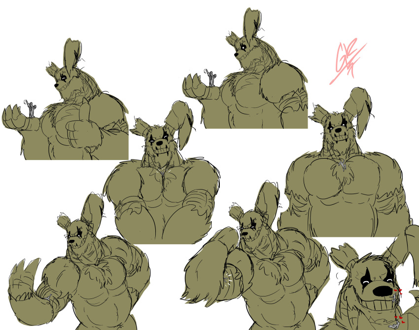 &lt;3 2023 absurd_res ambiguous_gender anon anthro barazoku between_pecs biceps biped black_nose chest_fur crush digital_media_(artwork) extreme_size_difference five_nights_at_freddy's five_nights_at_freddy's_3 fur gesture green_body green_fur grey_body grey_skin grilder123 group hi_res human lagomorph leporid male male/ambiguous mammal micro musclegut muscular muscular_anthro muscular_male nude pecs rabbit scottgames sequence size_difference sketch smile springtrap_(fnaf) teeth thumbs_up trio waving