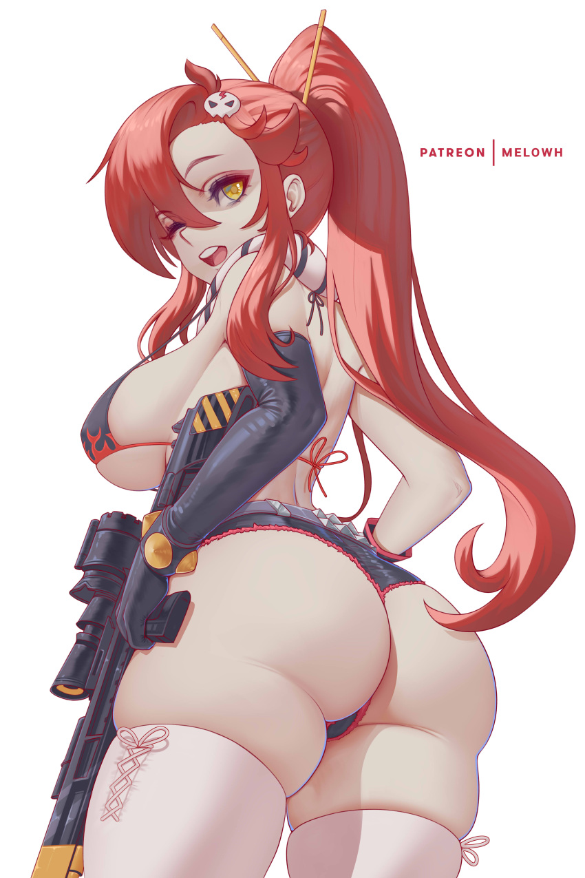 1girl ;d absurdres ass bikini bikini_top_only black_gloves breasts curvy elbow_gloves gloves gun hair_ornament high_ponytail highres holding holding_gun holding_weapon large_breasts looking_at_viewer looking_back melowh one_eye_closed open_mouth red_hair rifle scope short_shorts shorts sideboob simple_background skindentation skull_hair_ornament smile sniper_rifle solo swimsuit teeth tengen_toppa_gurren_lagann thighhighs thighs upper_teeth_only weapon white_background yellow_eyes yoko_littner