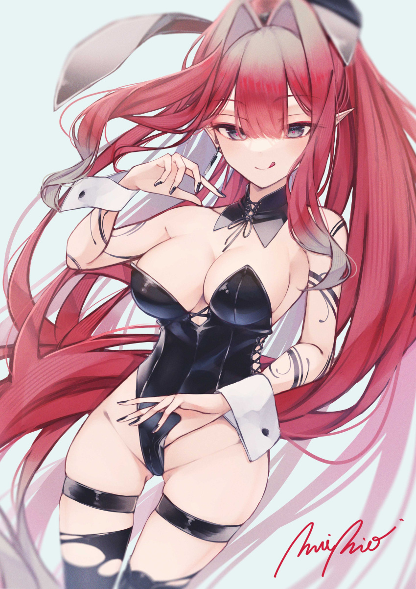 1girl absurdres animal_ears ass_visible_through_thighs baobhan_sith_(fate) bare_shoulders black_leotard black_nails breasts cleavage closed_mouth detached_collar earrings fake_animal_ears fate/grand_order fate_(series) grey_eyes hand_up highres jewelry leotard long_hair nail_polish playboy_bunny pointy_ears rabbit_ears red_hair signature simple_background smile solo spica/kanade thigh_strap thighhighs thighs tongue tongue_out wrist_cuffs