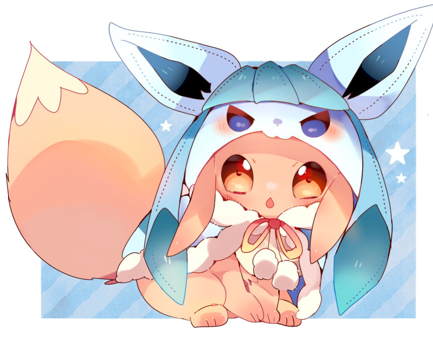 blue_background brown_eyes brown_ribbon capelet chestnut_mouth cosplay diagonal_stripes eevee fluffy full_body fur-trimmed_capelet fur_trim glaceon glaceon_(cosplay) highres hood hooded_capelet looking_at_viewer open_mouth pokemon pokemon_(creature) ribbon simple_background sitting solo star_(symbol) striped yupo_0322