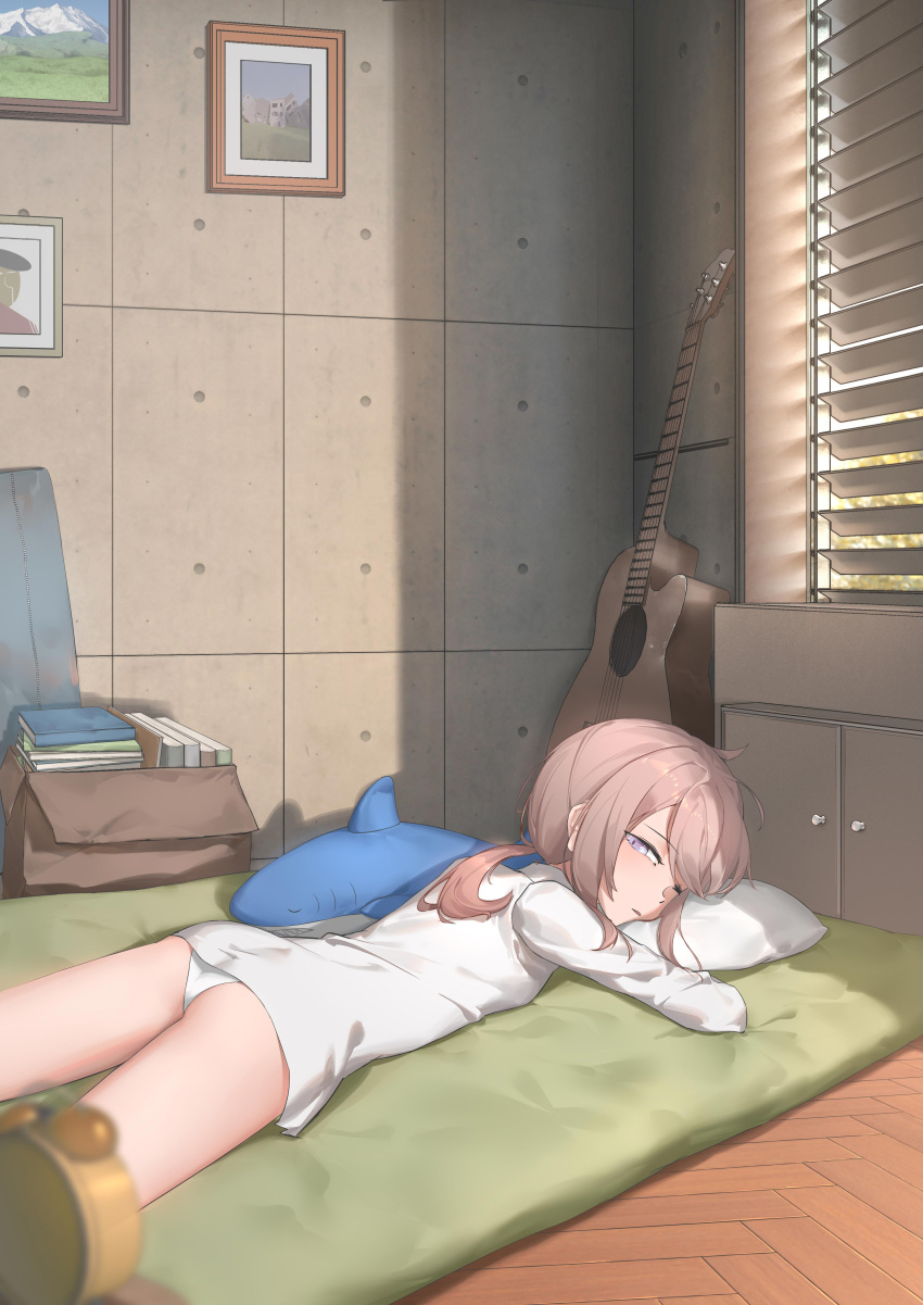 1girl absurdres alarm_clock ass book box cardboard_box clock collared_shirt commentary girls'_frontline grey_hair guitar highres indoors instrument long_hair long_sleeves looking_at_viewer lying m200_(girls'_frontline) no_pants on_stomach one_eye_closed panties picture_(object) pillow ponytail purple_eyes shirt solo stuffed_animal stuffed_shark stuffed_toy tr07 underwear waking_up white_panties white_shirt window_blinds