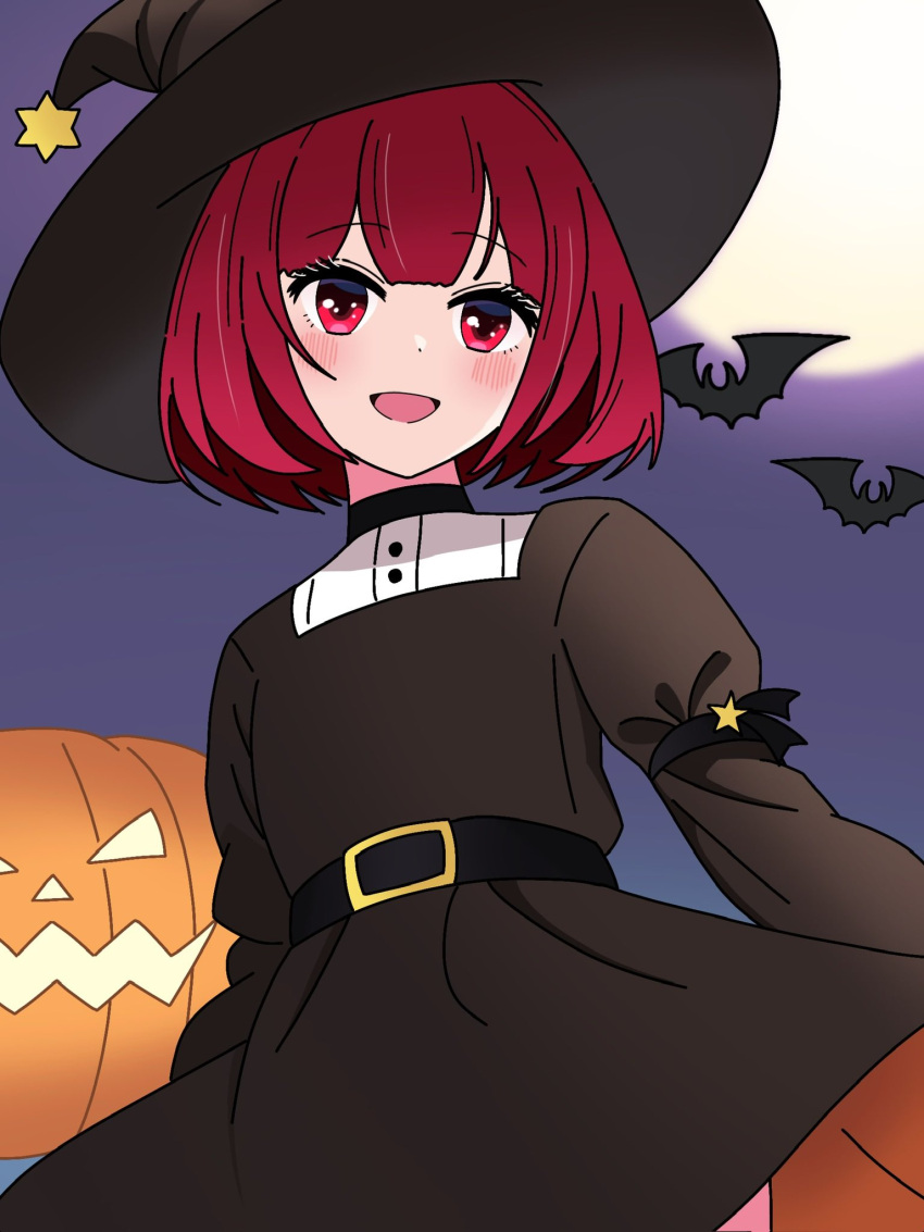 1girl arima_kana bat_(animal) black_dress black_headwear bob_cut bokutaaaa dress halloween halloween_costume hat highres inverted_bob light_blush open_mouth oshi_no_ko pumpkin red_eyes red_hair short_hair smile solo witch_hat