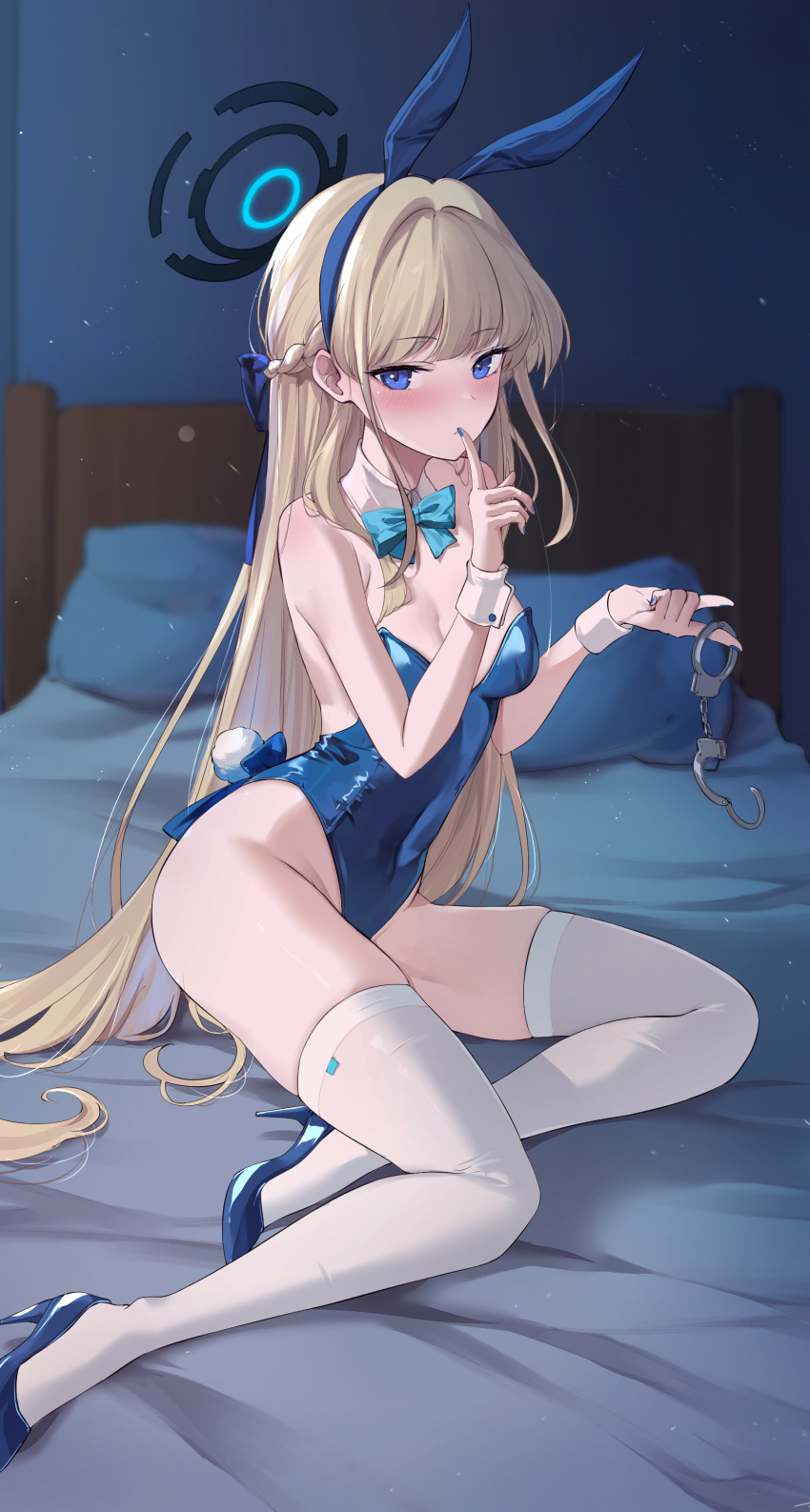 1girl absurdres animal_ears bed blonde_hair blue_archive blue_eyes blue_leotard blue_nails blush bow bowtie breasts commentary cuffs detached_collar fake_animal_ears fake_tail feint721 finger_to_mouth full_body halo hand_up handcuff_dangle handcuffs high_heels highleg highleg_leotard highres holding holding_handcuffs index_finger_raised leotard light_particles long_hair medium_breasts nail_polish official_alternate_costume official_alternate_hairstyle on_bed pillow playboy_bunny rabbit_ears rabbit_tail revision shushing sitting skindentation solo tail thighhighs thighs toki_(blue_archive) toki_(bunny)_(blue_archive) very_long_hair white_thighhighs yokozuwari