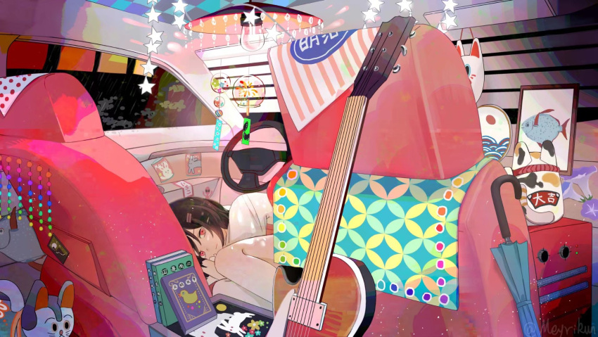 1girl blue_umbrella book brown_hair car_interior chinese_commentary closed_mouth commentary_request curled_up eyelashes fish flower guitar hair_ornament hairclip highres instrument long_sleeves looking_at_viewer lying maneki-neko meyrikun on_side original painting_(object) pink_eyes purple_flower shirt short_hair smile solo star_(symbol) steering_wheel umbrella white_shirt