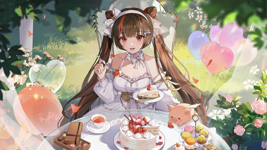 1girl :d absurdres balloon blush bojipiaoji bow bow_hairband box box_of_chocolates breasts brown_hair cake cake_slice cake_stand chair chinese_commentary chocolate cleavage collar collarbone commentary_request cup dress facial_mark fang fingernails flower food fork fruit grass hairband heart_balloon highres holding holding_fork holding_plate kero_(vtuber) large_breasts long_sleeves looking_at_viewer macaron multicolored_hair nijisanji off-shoulder_dress off_shoulder on_chair open_mouth outdoors pig pink_flower pink_rose plate red_eyes red_hair rose saucer sitting sleeve_cuffs smile solo strawberry streaked_hair table tea teacup twintails virtuareal whipped_cream white_bow white_collar white_dress white_flower white_hairband wings