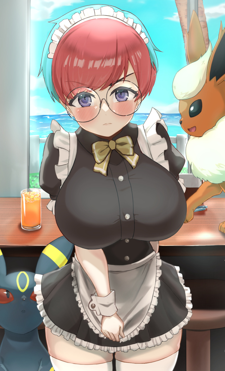 1girl alternate_breast_size alternate_costume apron black_dress blue_hair blush bow bowtie breasts closed_mouth cup dress drinking_glass enmaided flareon highres hizakake huge_breasts indoors looking_at_viewer maid maid_apron maid_headdress multicolored_hair penny_(pokemon) pokemon pokemon_(creature) pokemon_(game) pokemon_sv purple_eyes red_hair round_eyewear short_dress short_hair thighhighs two-tone_hair umbreon white_thighhighs white_wrist_cuffs