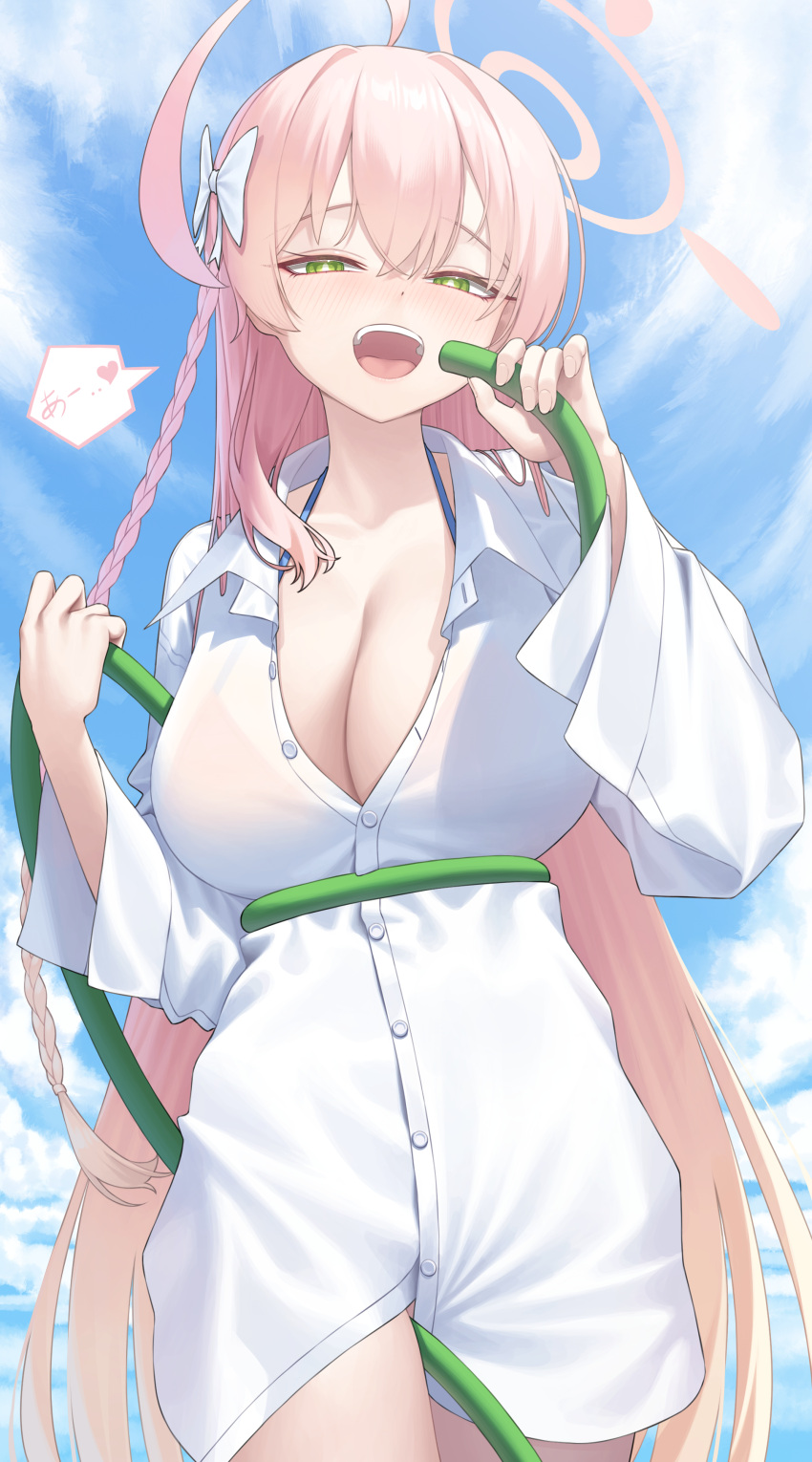 1girl :d absurdres ahoge between_legs bintz blue_archive blue_sky blush braid breasts cleavage collarbone cowboy_shot day dress_shirt green_eyes halo hanako_(blue_archive) heart highres holding holding_hose hose large_breasts long_hair long_sleeves looking_at_viewer no_pants open_mouth outdoors partially_unbuttoned pink_hair shirt side_braid sky smile solo speech_bubble translation_request very_long_hair