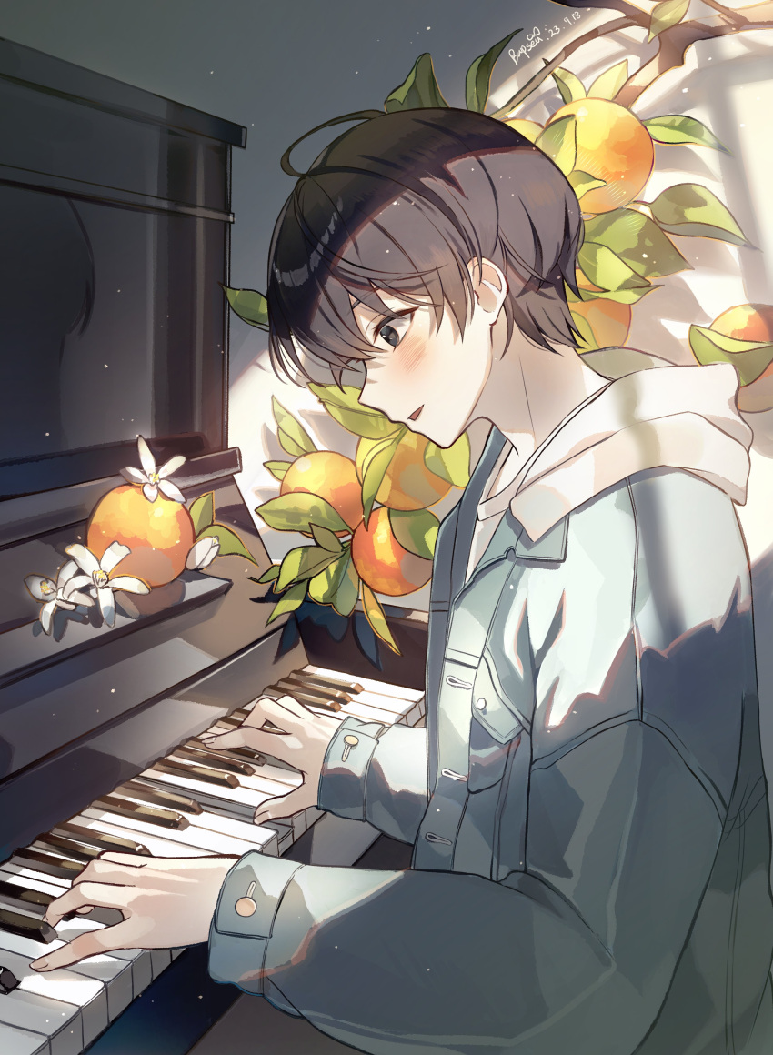 1boy absurdres black_eyes black_hair flower food fruit grey_jacket hair_between_eyes highres hood hooded_jacket instrument jacket leaf long_sleeves male_focus music open_mouth orange_(fruit) original piano playing_instrument playing_piano short_hair solo unwoo770122 white_hood