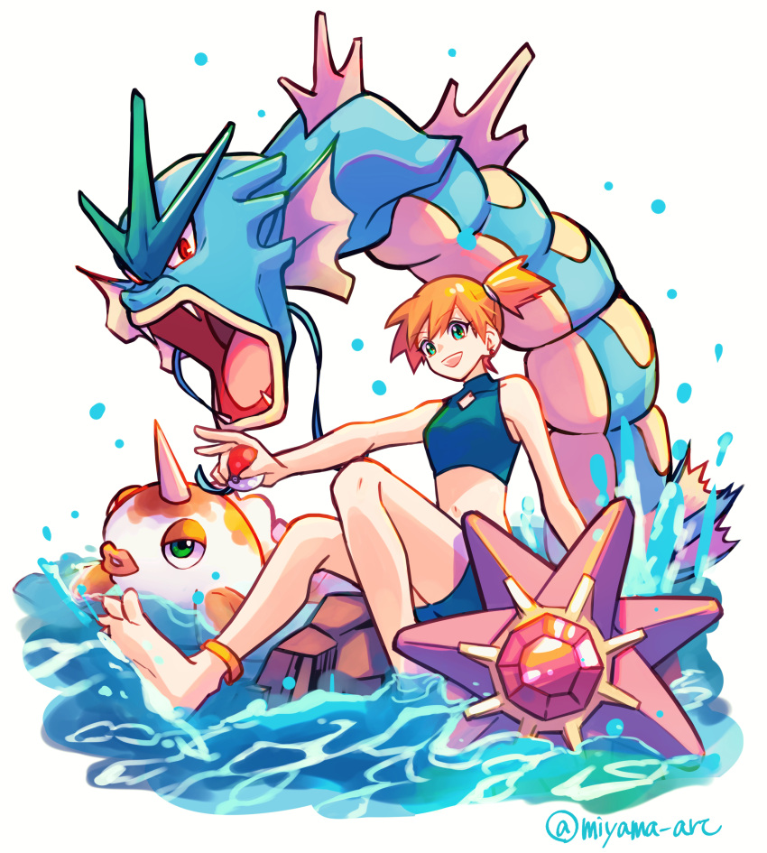 1girl absurdres adapted_costume armpits artist_name asymmetrical_hair bare_legs bikini blue_bikini breasts cowboy_shot eyelashes goldeen green_eyes gyarados hair_tie highres holding holding_poke_ball legs misty_(pokemon) miyama_(vsxt5238) navel open_mouth orange_hair poke_ball poke_ball_(basic) pokemon pokemon_(game) pokemon_frlg ponytail shirt short_hair shorts side_ponytail small_breasts solo starmie swimsuit thighs water