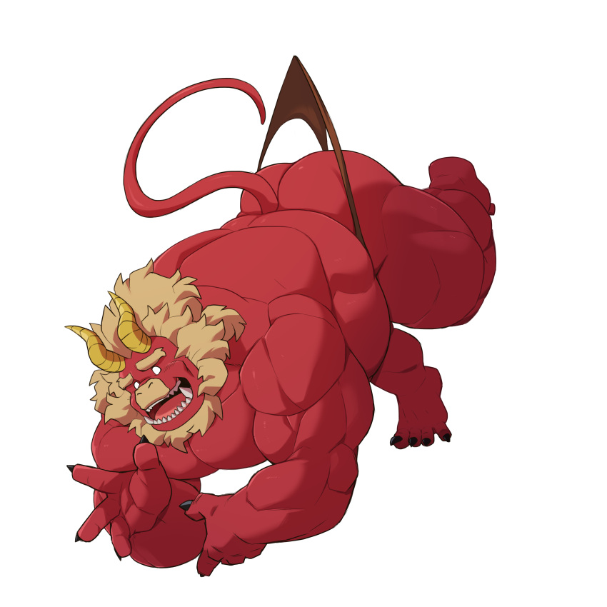 1boy absurdres acrylic_stand ass bara beard black_nails blank_eyes colored_skin curled_horns demon_boy demon_horns demon_tail facial_hair falling forked_eyebrows furry furry_male gardie_(otsukimi) highres horns huge_ass huge_eyebrows large_pectorals lion_hair long_hair male_focus male_underwear male_underwear_pull muscular muscular_male nervous_smile nipples open_hand original otsukimi pectorals raised_eyebrows red_skin smile solo tail thick_thighs thighs topless_male tusks underwear waving