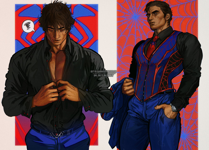 1boy bara belt black_belt black_hair black_shirt blue_jacket blue_pants blue_vest closed_mouth collared_shirt dark-skinned_male dark_skin hand_in_pocket highres holding holding_clothes holding_jacket jacket large_pectorals male_focus marvel miguel_o'hara muscular muscular_male necktie pants pectorals red_vest shirt short_hair spider-man:_across_the_spider-verse spider-man_(series) spider_web_print twitter_username two-tone_vest umikochannart vest watch wristwatch