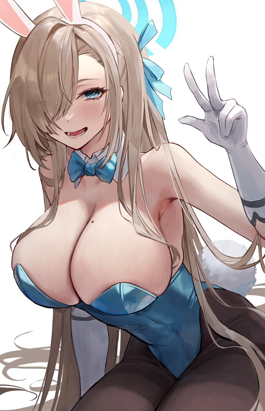 1girl animal_ears arm_at_side asuna_(blue_archive) asuna_(bunny)_(blue_archive) bare_shoulders blue_archive blue_bow blue_bowtie blue_eyes blue_leotard blue_ribbon blush bow bowtie breasts brown_pantyhose cleavage commentary cowboy_shot detached_collar elbow_gloves eyes_visible_through_hair fake_animal_ears fake_tail gloves hair_between_eyes hair_over_one_eye hair_ribbon hair_spread_out hairband halo hand_up highleg highleg_leotard highres laevan large_breasts leotard light_brown_hair long_hair looking_at_viewer lower_teeth_only mole mole_on_breast official_alternate_costume pantyhose parted_lips playboy_bunny rabbit_ears rabbit_tail ribbon sidelocks simple_background sitting smile solo strapless strapless_leotard tail teeth thighband_pantyhose veins veiny_breasts very_long_hair w white_background white_gloves white_hairband