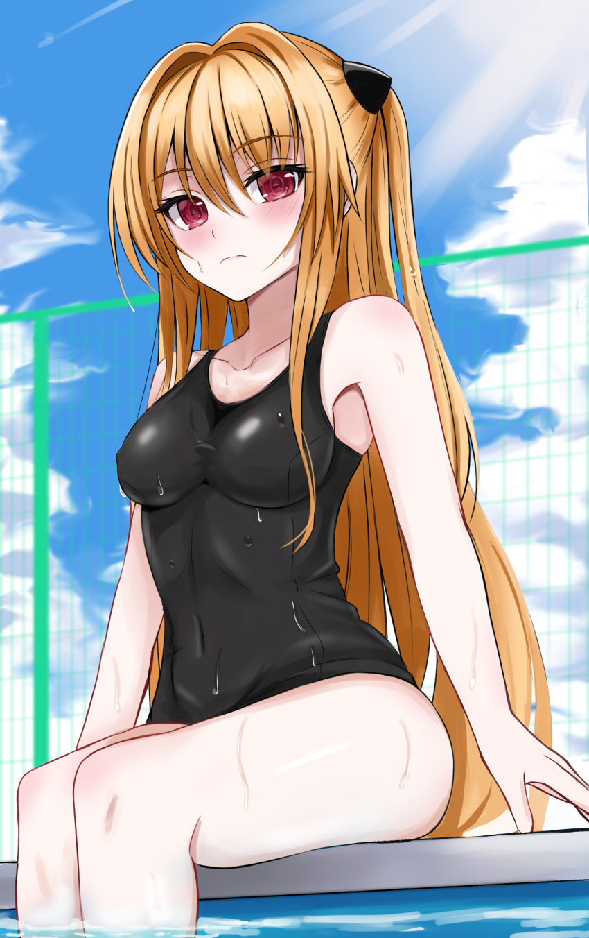 1girl arms_at_sides bare_arms black_one-piece_swimsuit blonde_hair blue_sky blush breasts closed_mouth cloud commentary covered_navel cowboy_shot curvy day eyelashes eyes_visible_through_hair fence frown hair_between_eyes hair_intakes highres hoshinori19 konjiki_no_yami lips long_hair looking_at_viewer medium_breasts one-piece_swimsuit outdoors poolside red_eyes school_swimsuit shiny_skin shy sidelocks sitting sky soaking_feet solo straight_hair sunlight swimsuit thighs to_love-ru to_love-ru_darkness two_side_up very_long_hair wet wet_clothes wet_swimsuit