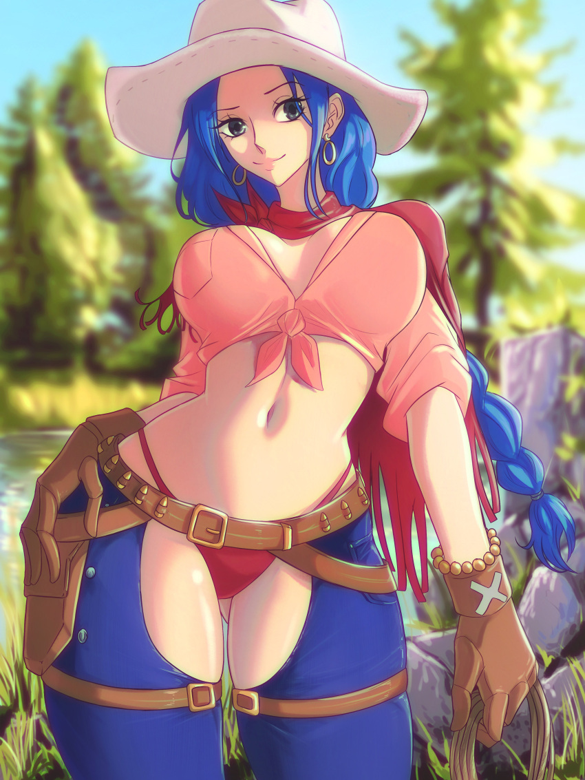 absurdres ass_visible_through_thighs belt bikini blue_hair braid breasts cleavage cloa cow_girl cowboy_hat crotch_cutout crotchless crotchless_pants denim earrings front-tie_top gloves hat high-waist_bikini highres jeans jewelry large_breasts lasso lipstick makeup nefertari_vivi one_piece opalisart pants perky_breasts red_bikini single_braid swimsuit thigh_strap thighs