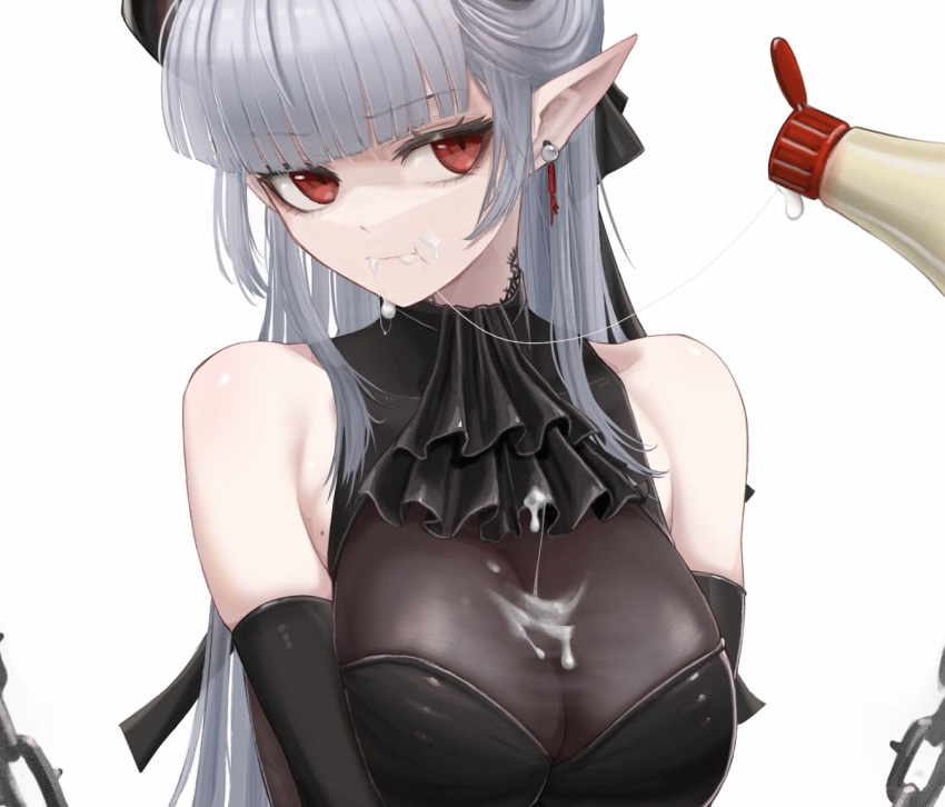 1girl :t arknights bare_shoulders black_dress black_gloves blunt_bangs breasts chain chained_sarkaz_girl cleavage closed_mouth dress earrings eating elbow_gloves gloves grey_hair jewelry large_breasts long_hair mildt pointy_ears red_eyes sexually_suggestive simple_background sleeveless sleeveless_dress solo suggestive_fluid upper_body very_long_hair white_background