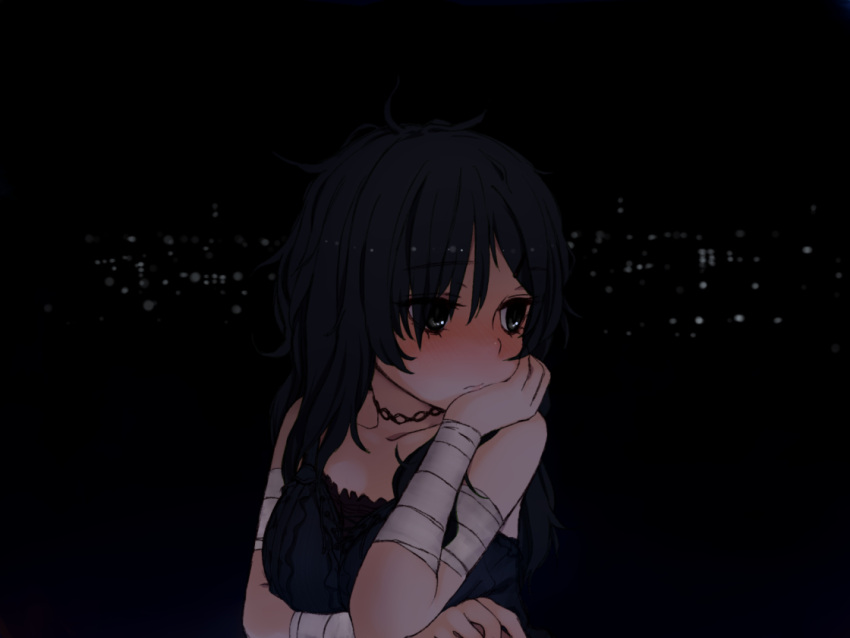 1girl aratagawa_nikei bandaged_arm bandages bare_shoulders black_camisole black_eyes black_hair blush breasts camisole choker city_lights dark_background head_rest kirishima_sagiri long_hair looking_to_the_side medium_breasts messy_hair night solo ukagaka upper_body