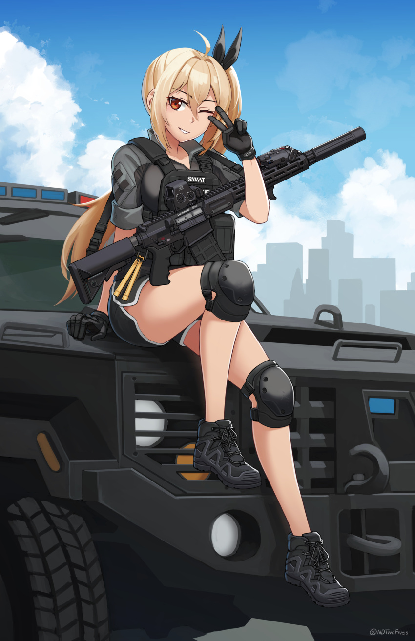 1girl absurdres ahoge black_footwear black_gloves black_ribbon black_shorts blonde_hair blue_sky breasts building cloud collared_shirt commentary_request commission day full_body gloves grey_shirt hair_between_eyes hair_ribbon hand_up highres knee_pads long_hair medium_breasts ndtwofives on_vehicle one_eye_closed original outdoors parted_lips red_eyes ribbon shirt shoes short_shorts short_sleeves shorts side_ponytail sitting sky skyline smile solo twitter_username v_over_eye vehicle_request very_long_hair