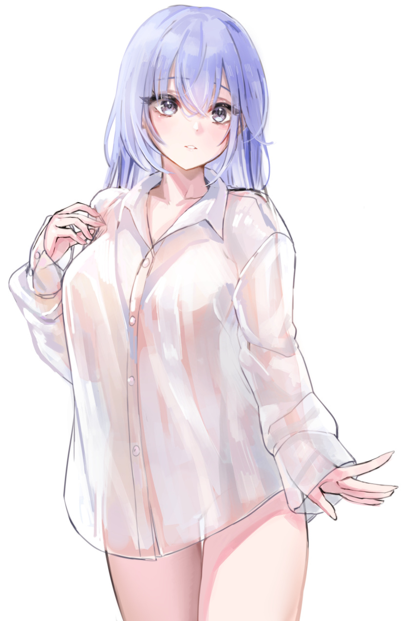 1girl absurdres blue_hair blush breasts collarbone highres idolmaster idolmaster_shiny_colors large_breasts long_sleeves looking_at_viewer naked_shirt open_collar see-through_silhouette shirt simple_background solo suzuki_hana vegabond_(tumz4458) white_background