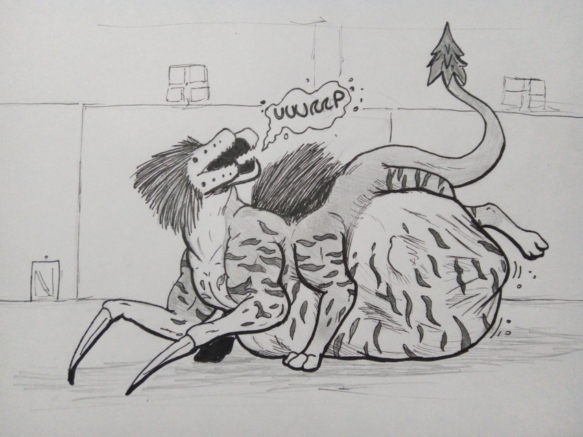 after_vore alien ambiguous_gender burping claws feral hi_res spiked_tail spikes spikes_(anatomy) stripes tail thatgryphonguy traditional_media_(artwork) vore