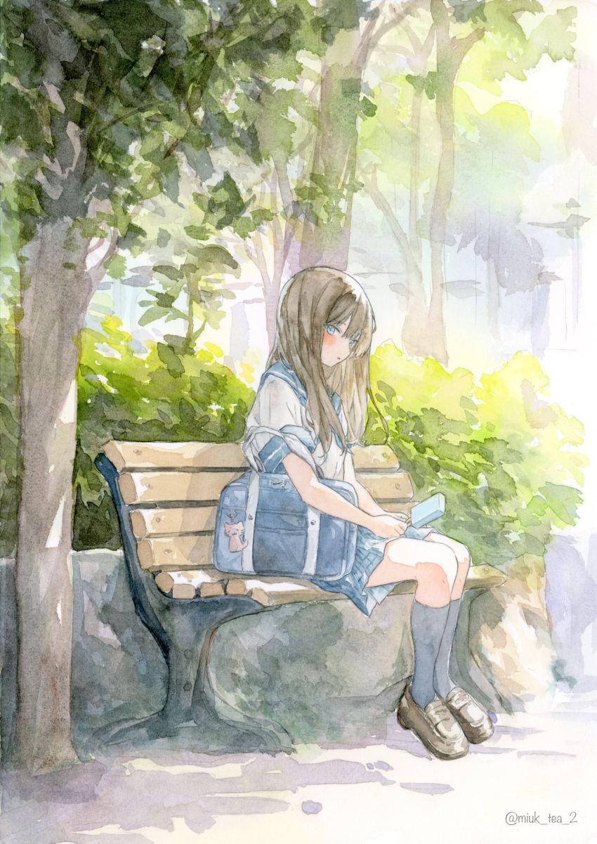 1girl bag bench blue_eyes blue_sailor_collar blue_skirt blue_socks blush brown_hair bush day food highres ice_cream loafers long_hair looking_at_viewer original outdoors painting_(medium) parted_lips sailor_collar school_bag school_uniform shirt shoes short_sleeves sitting skirt socks summer sweet_miuk_tea traditional_media tree tree_shade twitter_username watercolor_(medium) white_shirt