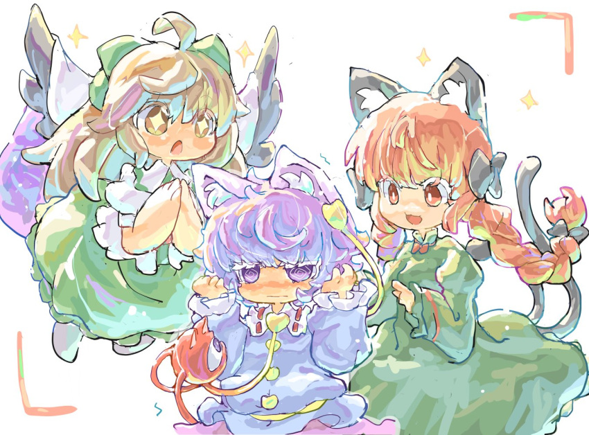 3girls :d @_@ ahoge animal_ear_fluff animal_ears black_bow bow braid cat_ears cat_tail chibi commentary_request extra_ears flying hair_bow hair_ribbon hands_up kaenbyou_rin komeiji_satori long_hair looking_at_another multiple_girls multiple_tails nekomata open_mouth purple_eyes purple_hair red_eyes red_hair reiuji_utsuho ribbon smile tail touhou tress_ribbon twin_braids two_tails very_long_hair wings yamasina009
