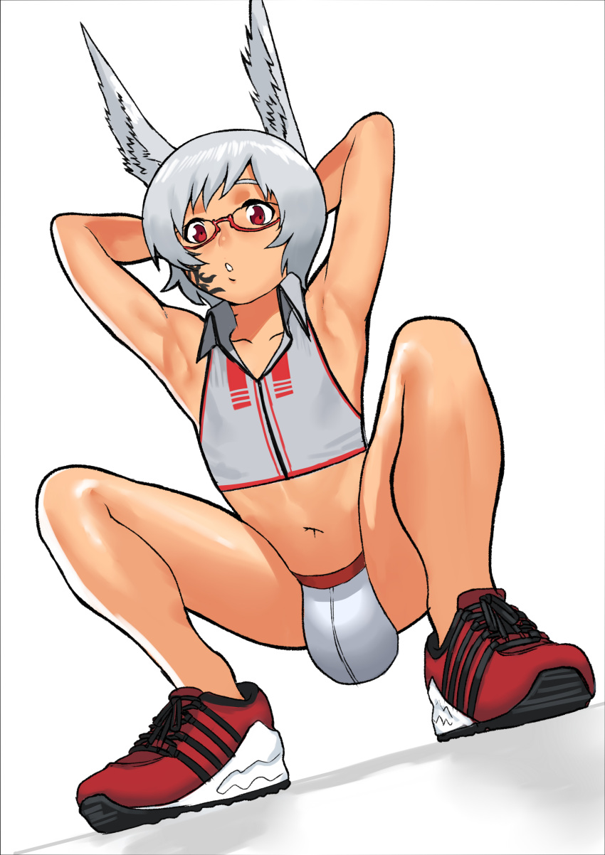 absurd_res animal_humanoid biped bulge cessa_sama clothing eyebrows eyewear footwear glasses hair hi_res humanoid lagomorph lagomorph_humanoid leporid_humanoid male mammal mammal_humanoid navel rabbit_humanoid shoes simple_background sneakers solo taiyo_akari white_background