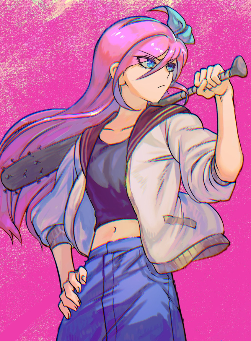 1girl aqua_bow arugen aubrey_(omori) baseball_bat black_shirt blue_eyes bow cowboy_shot crop_top denim denim_skirt hair_between_eyes hair_bow hand_on_own_hip highres holding holding_weapon jacket long_hair long_sleeves looking_to_the_side midriff nail nail_bat navel omori open_clothes open_jacket over_shoulder pink_background pink_hair shirt skirt solo weapon weapon_over_shoulder white_jacket