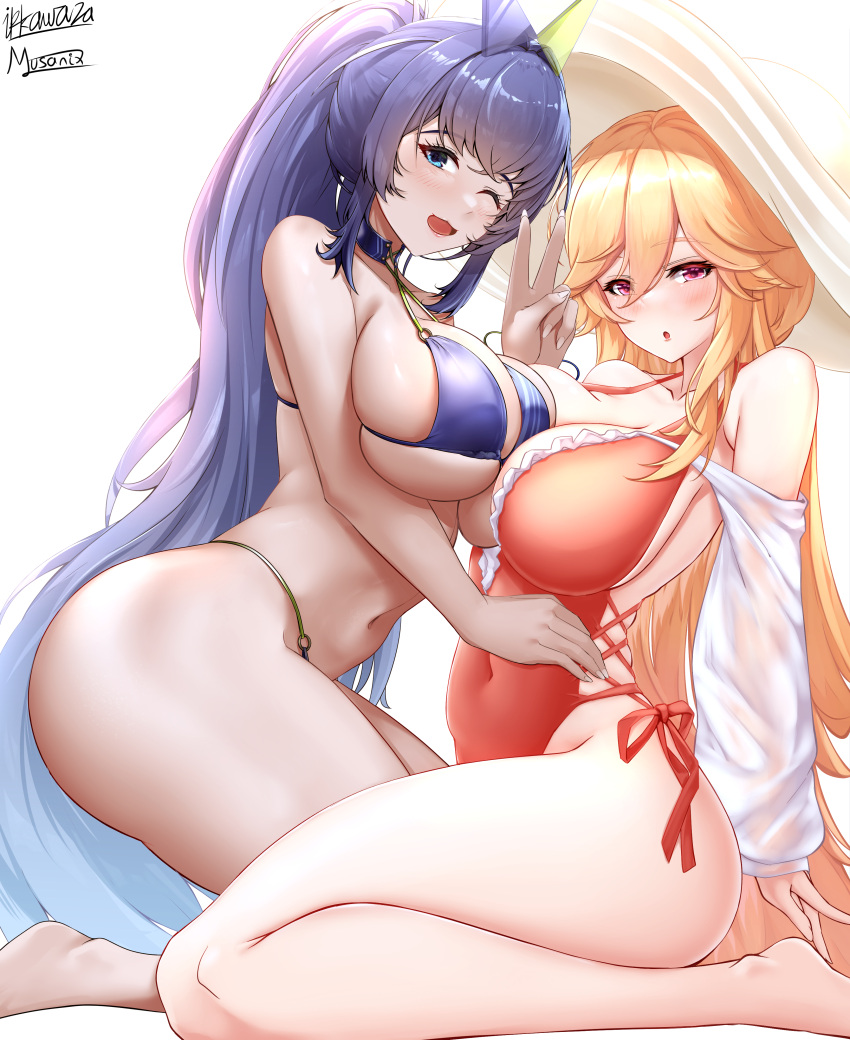 2girls absurdres artist_name asymmetrical_docking azur_lane backless_swimsuit bikini blonde_hair blue_bikini blue_eyes breast_press breasts collaboration commentary cross-laced_clothes cross-laced_swimsuit english_commentary frilled_one-piece_swimsuit frills from_side full_body hair_between_eyes hand_on_another's_waist hat high_ponytail highleg highleg_swimsuit highres irkawaza large_breasts long_hair long_sleeves looking_at_viewer multiple_girls multiple_straps musanix new_jersey_(azur_lane) new_jersey_(midsummer_leisure)_(azur_lane) o-ring o-ring_bikini official_alternate_costume one-piece_swimsuit one_eye_closed open_mouth purple_hair red_eyes red_one-piece_swimsuit richelieu_(azur_lane) richelieu_(fleuron_of_the_waves)_(azur_lane) side-tie_swimsuit signature simple_background skindentation sun_hat swimsuit thong_bikini very_long_hair white_background white_headwear