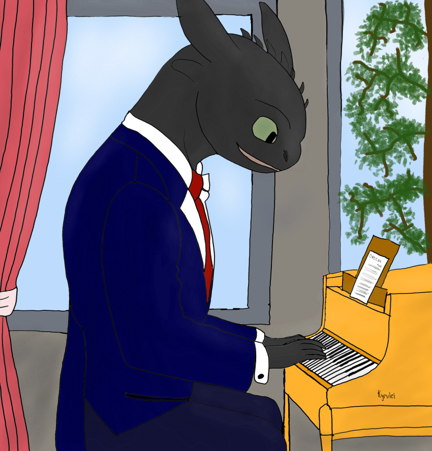 anthro curtains dragon dreamworks formal_clothing formal_wear hi_res how_to_train_your_dragon keyboard_instrument kyrulei male musical_instrument night_fury piano plant playing_music playing_piano scalie solo toothless tree western_dragon window