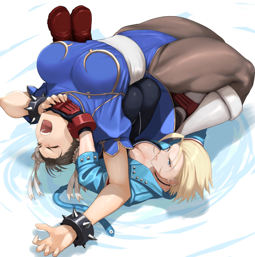 1girl absurdres ahoge backbreaker blonde_hair blue_eyes bracelet breasts brown_hair bun_cover cammy_white catfight china_dress chinese_clothes chun-li closed_eyes double_bun dress earrings hair_bun highres huge_ahoge jacket jewelry kineluchs large_breasts muscular muscular_female open_mouth pain pants pantyhose partially_submerged sash scar short_hair spiked_bracelet spikes street_fighter street_fighter_6 studded_bracelet submission_hold surfboard_(wrestling) thighs wrestling