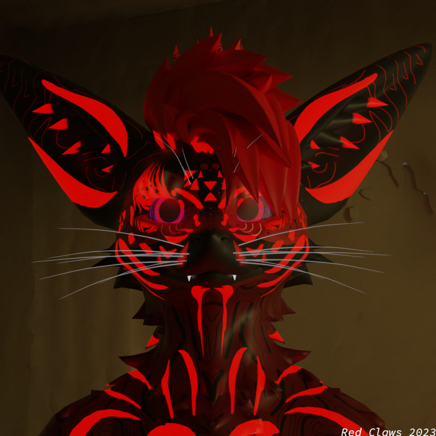 3d_scanned_background anthro big_ears black_body black_fur blender_(software) blender_cycles canid canine fennec fox fur hair highlights_(coloring) hybrid looking_away male male/male mammal portrait red_body red_eyes red_fur red_hair red_highlights redclaws redicclyonic rexouium selfie solo whiskers