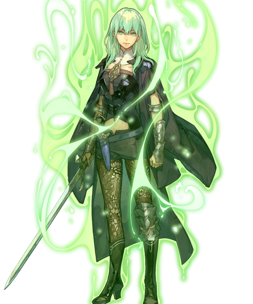 1girl arm_guards armor aura belt boots byleth_(female)_(fire_emblem) byleth_(fire_emblem) cape closed_mouth dagger fire_emblem fire_emblem:_three_houses fire_emblem_heroes fire_emblem_warriors:_three_hopes full_body green_eyes grey_hair hidari_(left_side) high_heel_boots high_heels highres holding holding_sword holding_weapon knee_boots knee_pads knife lips looking_at_viewer midriff non-web_source official_art pantyhose shorts single_knee_pad solo standing sword transparent_background turtleneck weapon