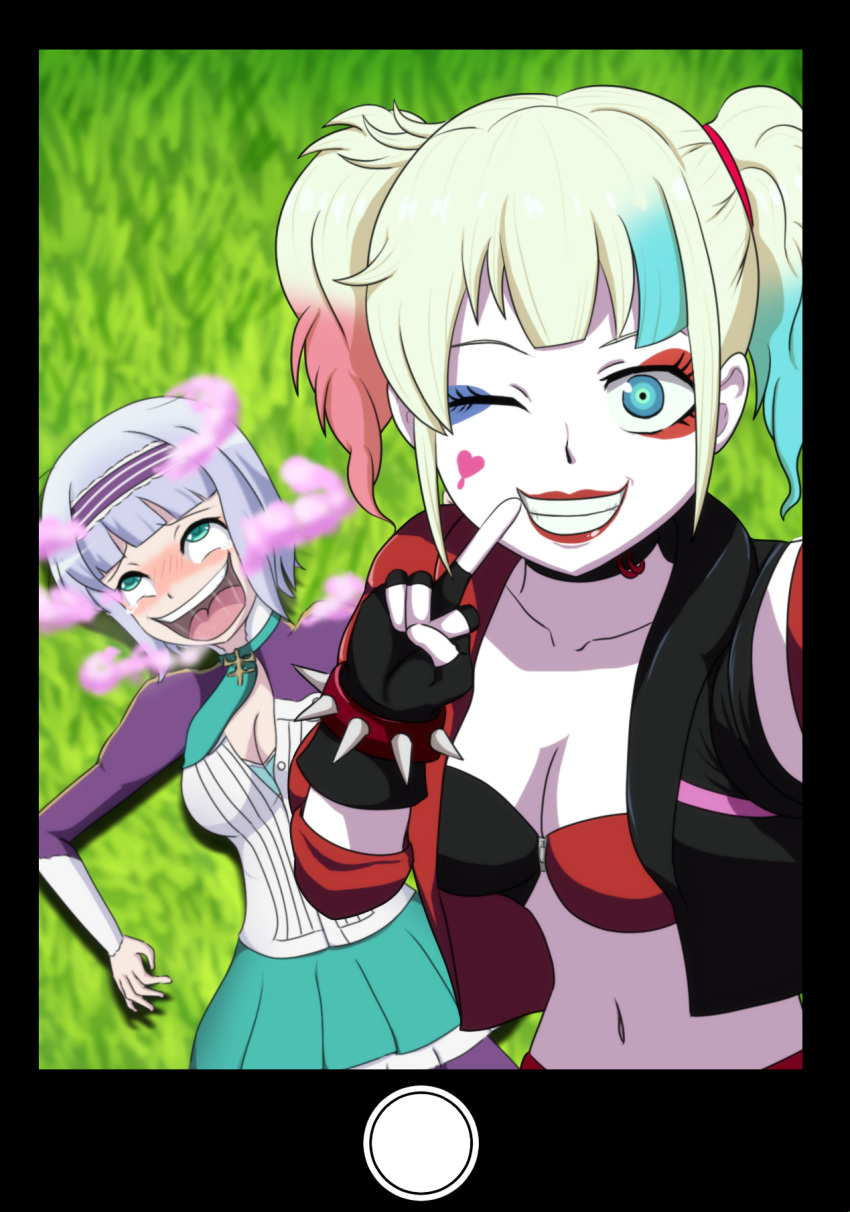 2girls ahegao asatuyu13 blonde_hair blue_eyes blue_eyeshadow bracelet breasts cleavage collarbone dc_comics eyeshadow fingerless_gloves gloves harley_quinn highres isekai_wa_smartphone_to_tomo_ni. jacket jewelry linse_shileska looking_at_viewer low_twintails makeup multicolored_clothes multicolored_hair multiple_girls red_eyeshadow red_lips selfie smile spiked_bracelet spikes suicide_squad suicide_squad_isekai twintails