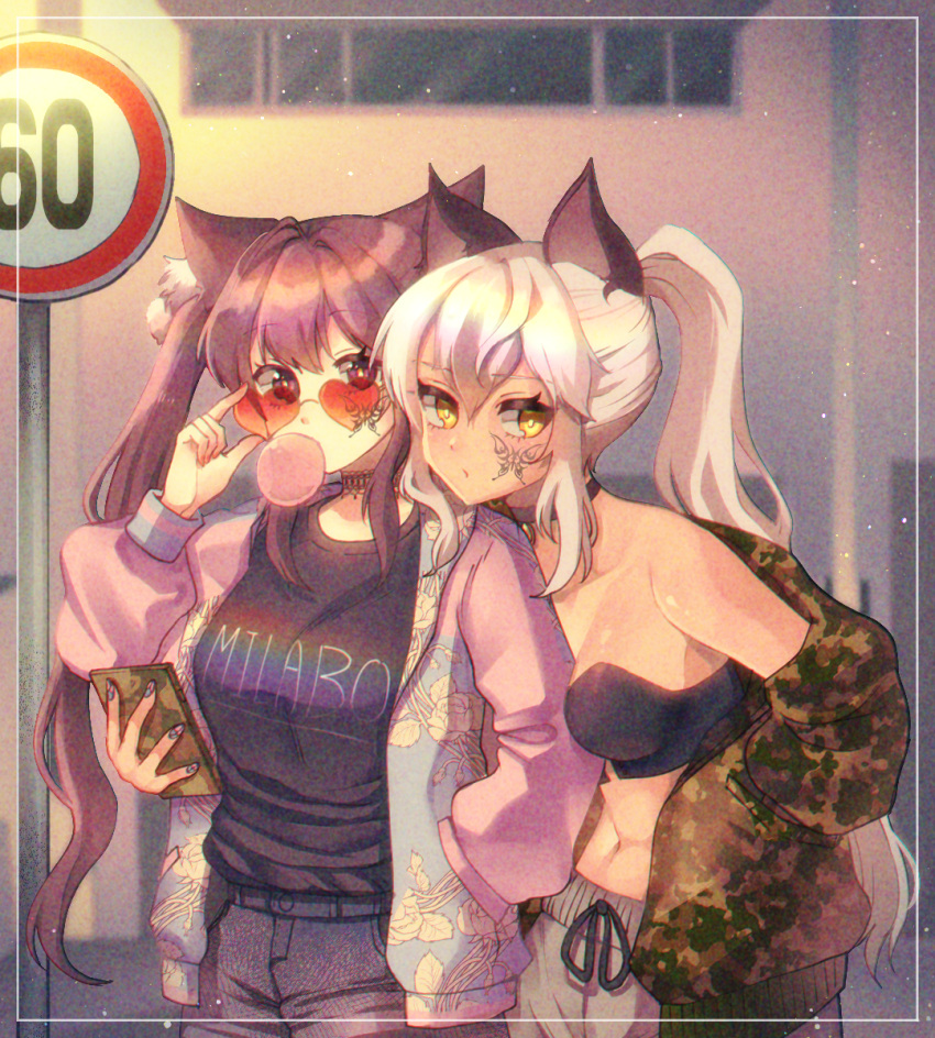2girls adjusting_eyewear animal_ear_fluff animal_ears arimura_marron black_choker black_shirt blue_shorts breasts brown_shorts bubble_blowing butterfly_tattoo camouflage camouflage_jacket cat_ears cat_girl cellphone chewing_gum choker commission cowboy_shot crop_top facial_tattoo framed grey_hair hair_between_eyes hand_in_pocket hand_up heart heart-shaped_eyewear highres holding holding_phone jacket jacket_partially_removed leaning_forward long_hair long_sleeves looking_at_viewer looking_to_the_side making-of_available medium_breasts multiple_girls navel open_clothes open_jacket original outdoors parted_lips phone pink_jacket ponytail purple_eyes red-tinted_eyewear road_sign second-party_source shirt shorts sidelocks sign sleeveless sleeveless_shirt smartphone sul-lin-a tattoo tinted_eyewear twintails woo_sinbi yellow_eyes