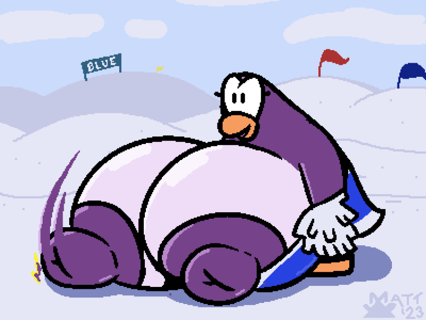 animated anthro areola avian beak big_breasts bird bouncing_breasts breasts cheerleader clothing club_penguin dot_eyes english_text female huge_breasts hyper hyper_breasts jumping loop mattthetooncat nipples non-mammal_breasts open_beak open_mouth penguin pom_poms purple_areola purple_body purple_nipples short_playtime solo text topwear