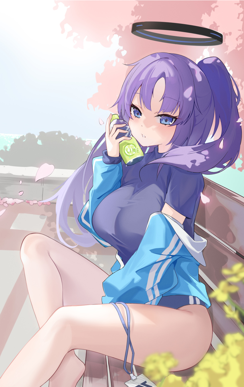 1girl absurdres black_buruma black_shirt blue_archive blue_buruma blue_eyes blue_jacket blush bottle breasts buruma chinoryuu gym_shirt gym_uniform halo highres id_card jacket jacket_partially_removed lanyard long_hair looking_at_viewer official_alternate_costume partially_unzipped ponytail purple_hair shirt short_sleeves solo thighs track_jacket water_bottle yuuka_(blue_archive) yuuka_(track)_(blue_archive)