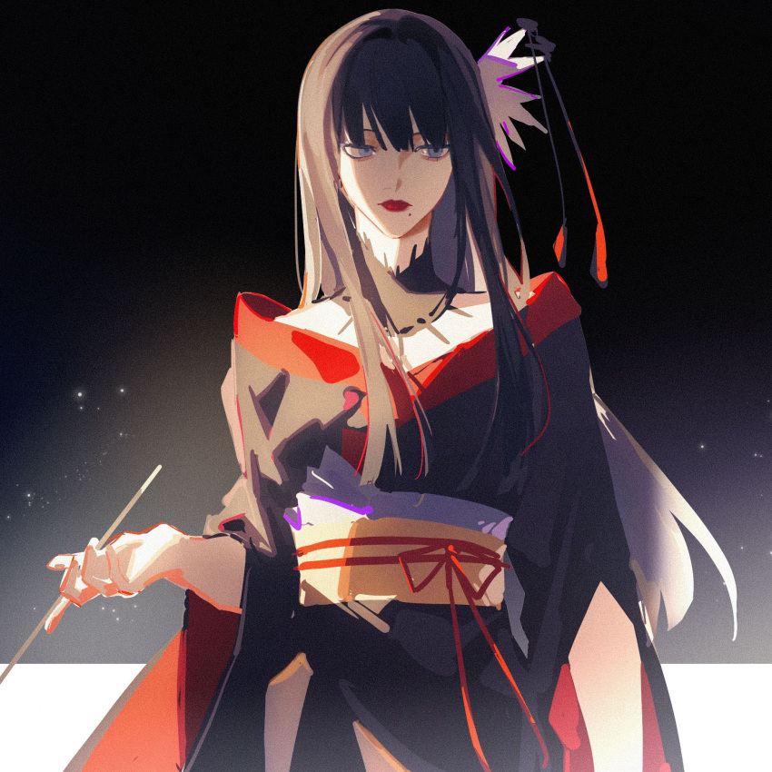 1girl black_background black_collar black_hair black_kimono blue_eyes blunt_ends collar cowboy_shot expressionless final_fantasy final_fantasy_xiv flower hair_flower hair_ornament highres holding holding_smoking_pipe hyur japanese_clothes kimono kiseru lluyss long_hair looking_to_the_side mole mole_under_mouth obi obijime red_lips red_trim sash sidelocks smoking_pipe solo standing straight_hair two-tone_background yotsuyu_goe_brutus