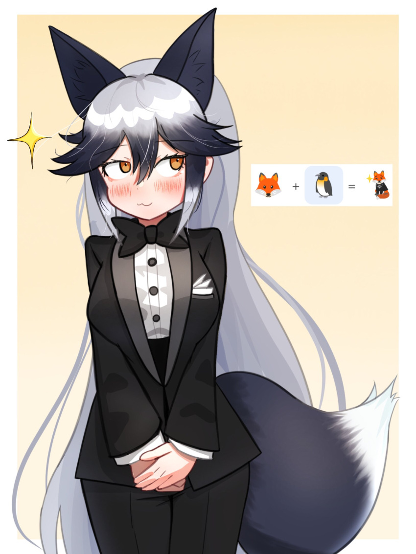 1girl :3 abb2229 alternate_costume bird black_bow black_bowtie black_hair black_jacket black_pants blush bow bowtie breast_pocket cowboy_shot emoji extra_ears fox grey_hair hair_between_eyes highres jacket kemono_friends long_hair long_sleeves multicolored_hair orange_eyes pants penguin pocket shirt sidelocks silver_fox_(kemono_friends) smug solo suit white_shirt