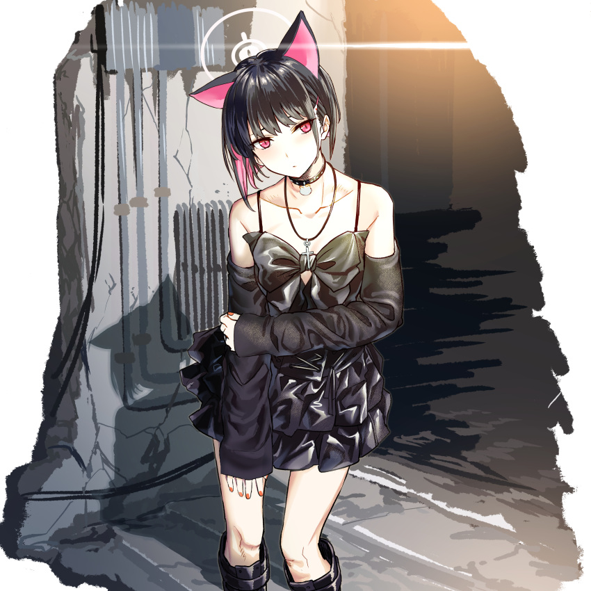 1girl absurdres animal_ears black_choker black_dress black_footwear black_hair black_sleeves blue_archive blush boots cat_ears choker closed_mouth collarbone commentary_request detached_sleeves dress extra_ears feet_out_of_frame halo highres kazusa_(blue_archive) knee_boots ningen_(ningen96) pink_hair red_eyes short_hair solo